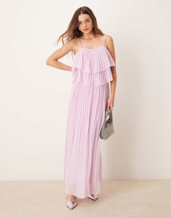 ヴィラ レディース トップス ワンピース マキシワンピース プリーツ フリル マキシ VILA pleated ruffle layer cami maxi dress in orchid Winsome orchid ピンク