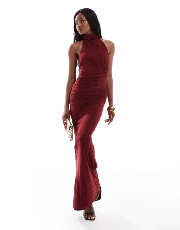 エイソス レディース トップス ワンピース マキシワンピース メッシュ マキシ ホルター ASOS DESIGN mesh twist bust detail halter maxi dress with tie back neck in wine Wine ワイン