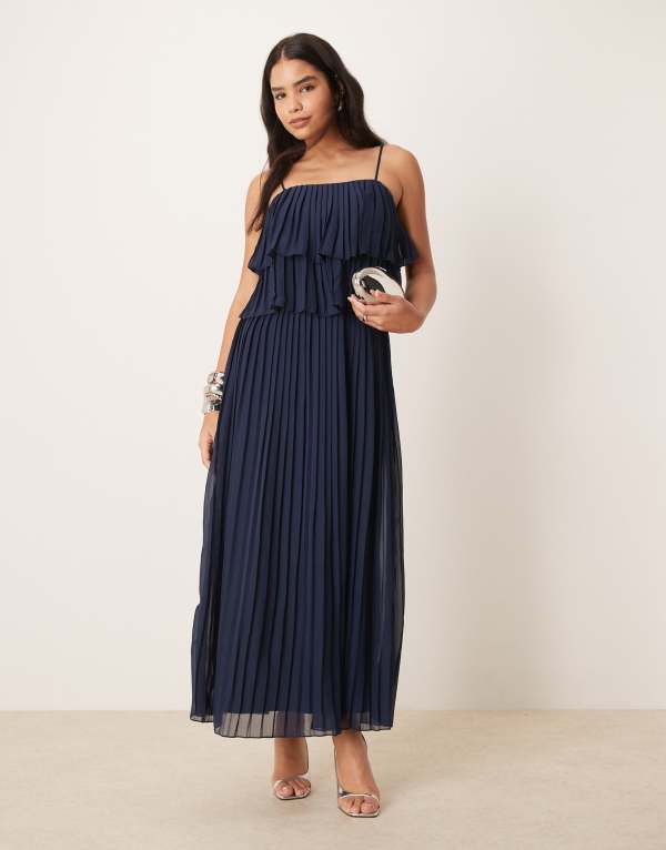 ヴィラ レディース トップス ワンピース マキシワンピース プリーツ フリル マキシ VILA pleated ruffle layer cami maxi dress Navy Blazer ネイビー