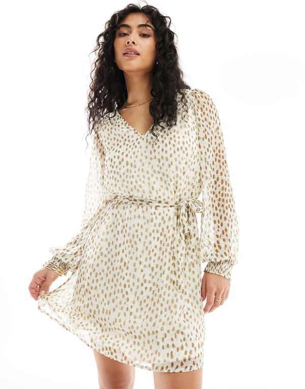 ヴィラ レディース トップス ワンピース Vネック ミニワンピース ミニ シアー Vila tie waist v neck mini dress with sheer sleeves in cream spot Birch NORI クリーム｜ReVida 店