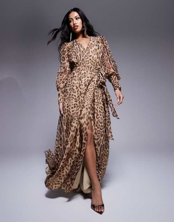 赤ちょうちん点点 レディース トップス 衣装 マキシ衣装 刷り上げる マキシ Bardot wrap maxi dress インチ leo print Brown leo 赤銅色