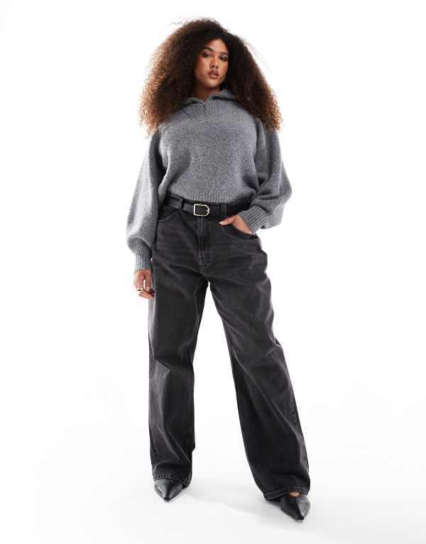 エイソス レディース ボトムス デニムパンツ ワイドレッグ ジーンズ ASOS Curve ASOS DESIGN Curve wide leg dad jeans in washed WASHED BLACK ブラック