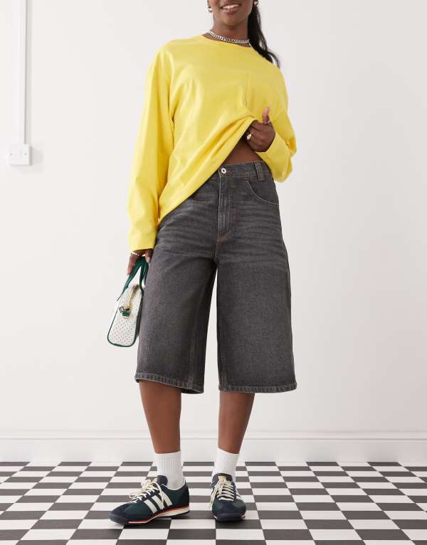 コルージョン レディース ボトムス デニムパンツ COLLUSION baggy skater jorts in washed WASHED BLACK ブラック