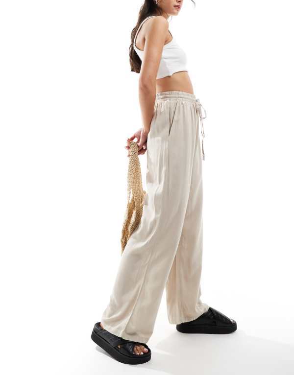 ヴィラ レディース ボトムス カジュアルパンツ ワイドレッグ パンツ リネン Vila linen mix tie waist wide leg pants in stone Feather gray グレー｜ReVida 店