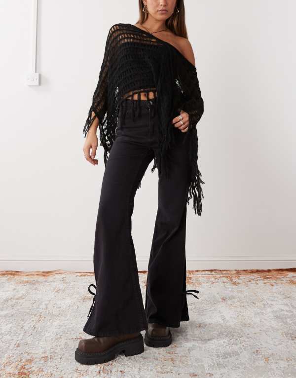 モンキ レディース ボトムス カジュアルパンツ ワイドレッグ パンツ Monki wide leg pants with tie bow detail in washed Black ブラック