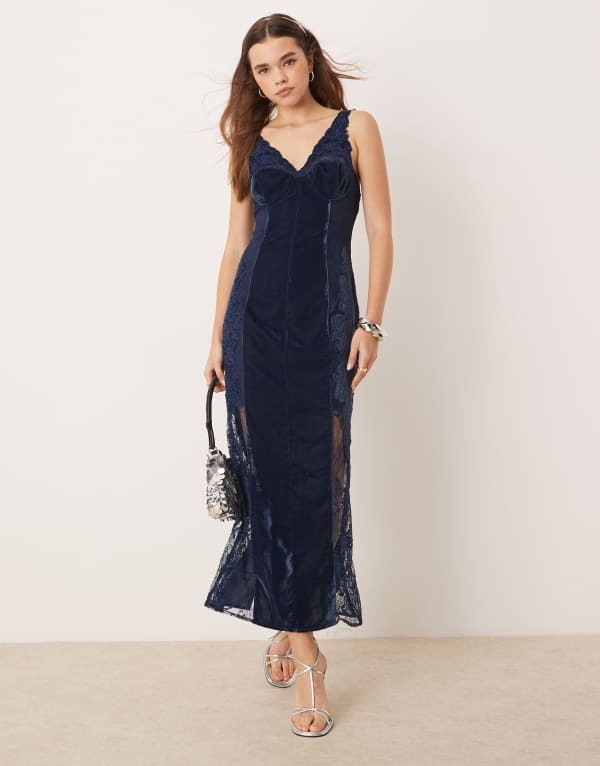 エイソス レディース トップス ワンピース ミディワンピース ミディ ベルベット 刺繍 レース ASOS EDITION lace embroidered velvet cami midi dress in dark Dark Blue ブルー