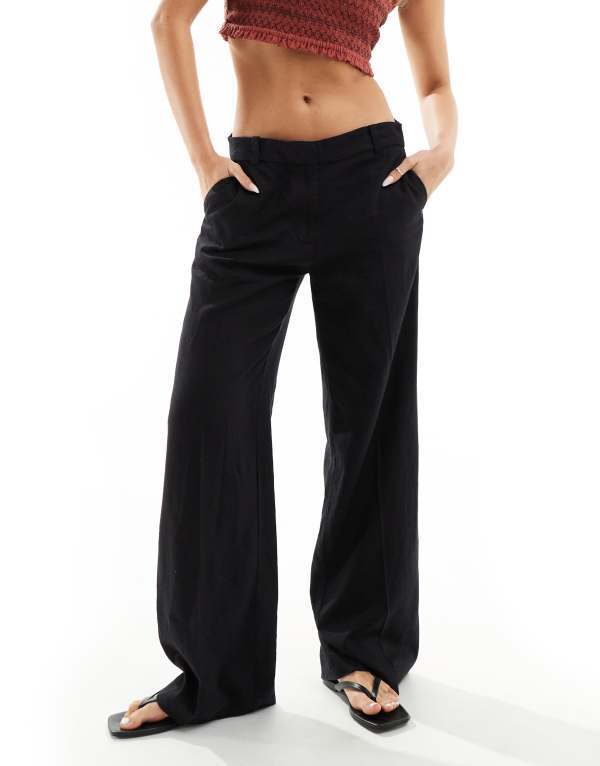 ウィークデイ レディース ボトムス カジュアルパンツ パンツ リネン Weekday Emmie low waisted linen mix pants Black ブラック