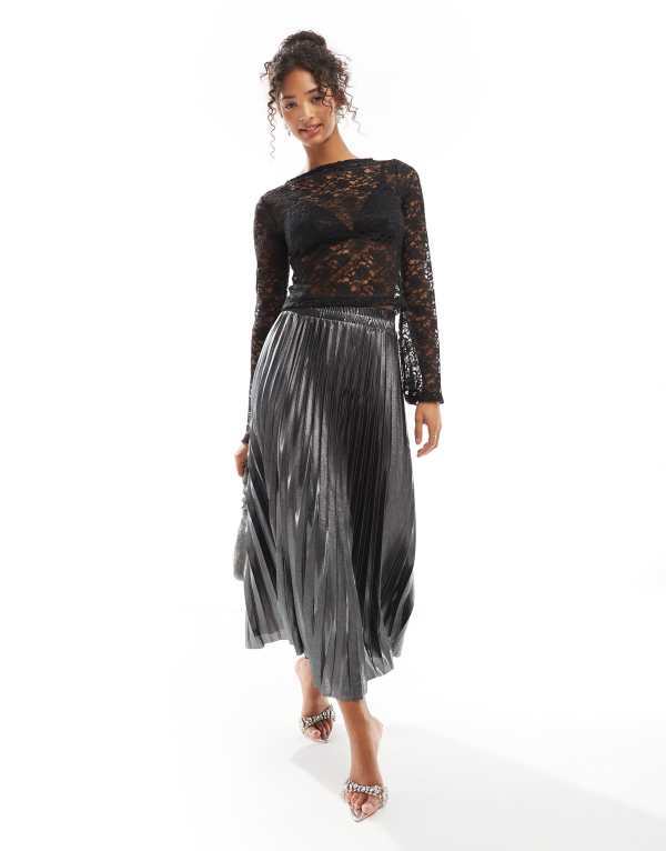 オンリー レディース ボトムス スカート プリーツ トール マキシ ONLY pleated maxi skirt metallic Gray グレー|ReVida 店