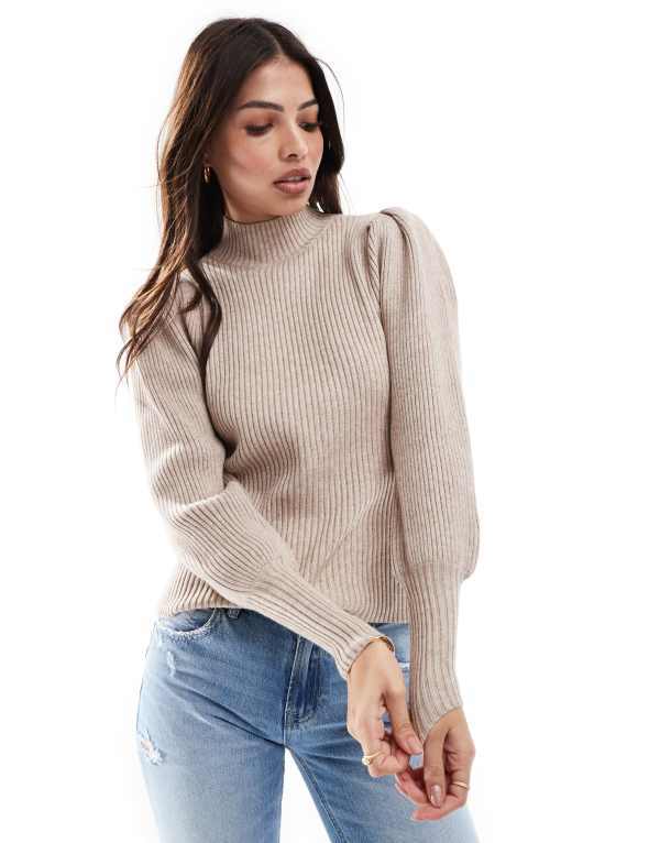 オンリー レディース アウター ニット・セーター ハイネック セーター ONLY high neck puff sleeves sweater in light BEIGE ベージュ