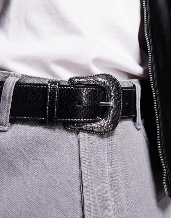 エイソス メンズ アクセサリー ベルト コントラスト レザー フェイクレザー ASOS DESIGN western cowboy belt faux leather with snakeskin and contrast stitch detail Black ブラック