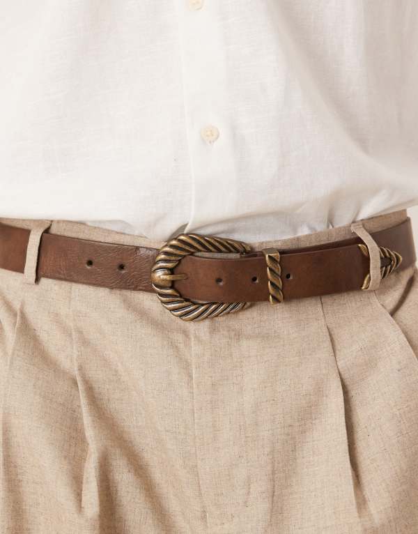 エイソス メンズ アクセサリー ベルト レザー ジーンズ フェイクレザー ASOS DESIGN western faux leather burnished brown jeans belt with ridge detail buckle in antique BROWN ブラウン