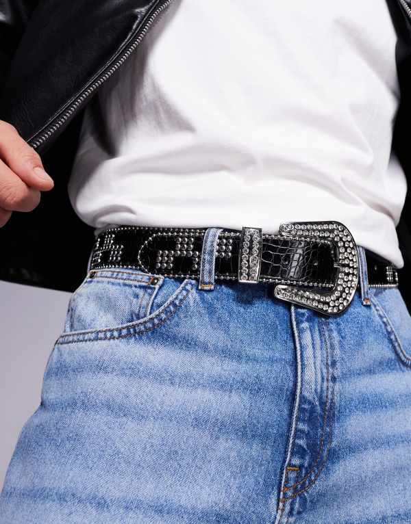 エイソス メンズ アクセサリー ベルト ASOS DESIGN checkerboard studded belt mock croc with western diamante buckle Black ブラック