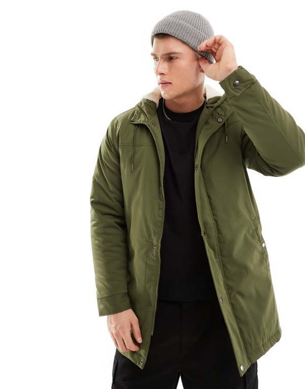 オンリーアンドサンズ メンズ アウター コート パーカー Only & Sons parka with borg lined hood Olive night オリーブ