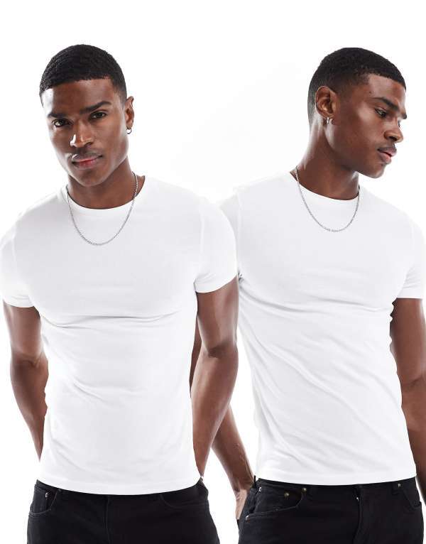 エイソス メンズ トップス Tシャツ クルーネック シャツ ASOS DESIGN 2 pack muscle fit t-shirt with crew neck WHITE ホワイト