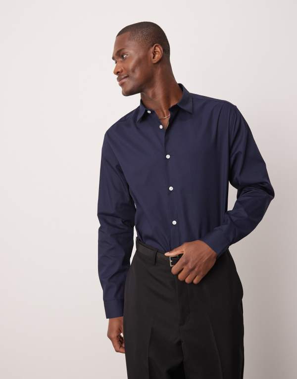エイソス メンズ トップス シャツ ASOS DESIGN formal easy iron poplin regular shirt NAVY ネイビー