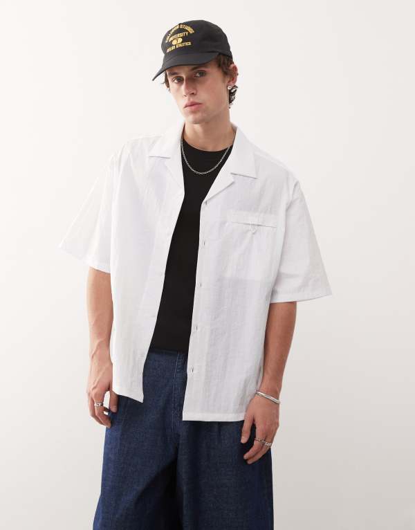 コルージョン メンズ トップス シャツ ナイロン COLLUSION nylon boxy summer shirt WHITE ホワイト