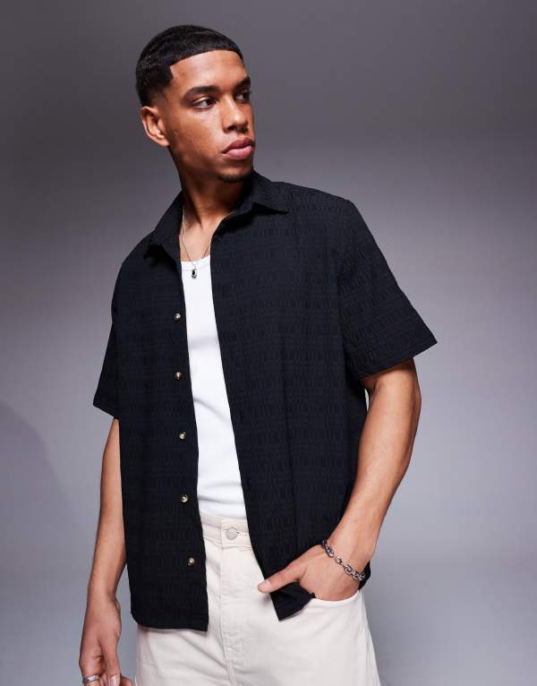 エイソス メンズ トップス シャツ ASOS DESIGN jacquard regular shirt with half sleeves Black ブラック