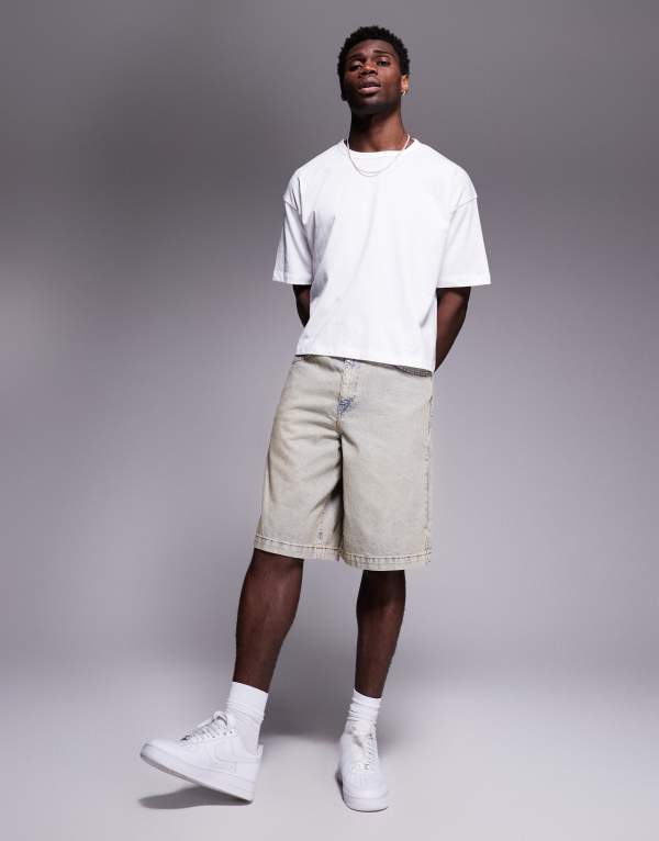 エイソス メンズ ボトムス ハーフパンツ・ショーツ ASOS DESIGN long length jorts in bleach wash Light wash blue ブルー