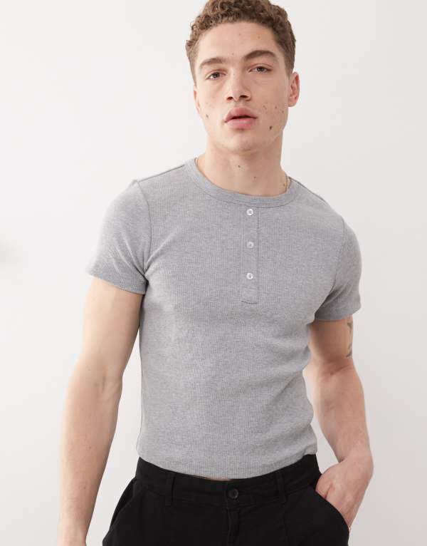 コルージョン メンズ トップス Tシャツ リブ シャツ COLLUSION Ribbed henley T-shirt Gray グレー