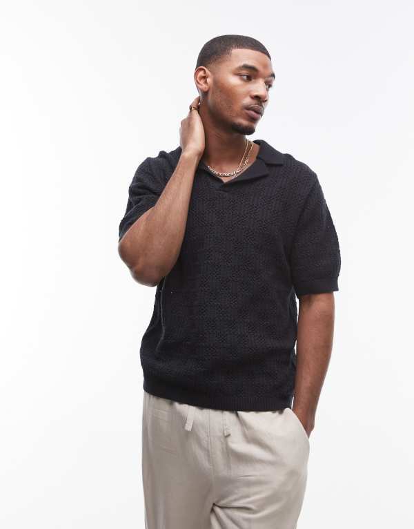 トップマン メンズ トップス ポロシャツ Topman crochet pattern polo Black ブラック