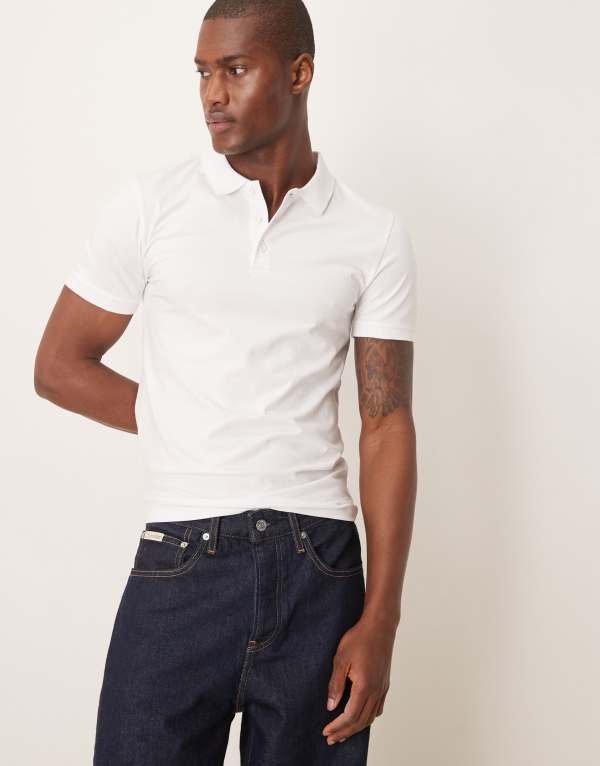 エイソス メンズ トップス ポロシャツ ASOS DESIGN muscle fit polo WHITE ホワイト