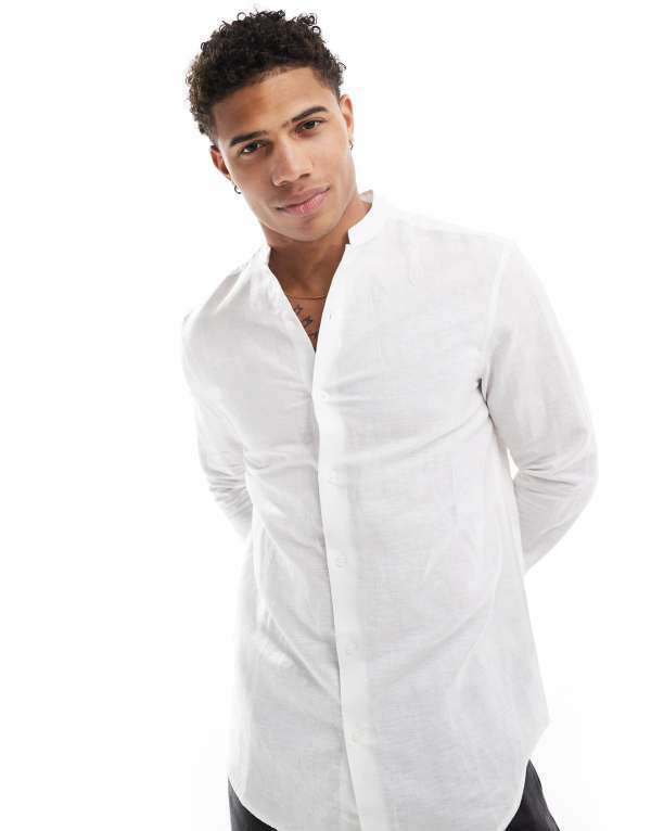 エイソス メンズ トップス シャツ リネン ASOS DESIGN regular smart linen shirt with mandarin collar WHITE ホワイト