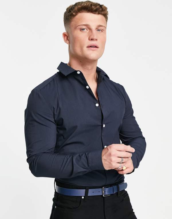 エイソス メンズ トップス シャツ スリムフィット ASOS DESIGN stretch slim fit work shirt Navy ネイビー