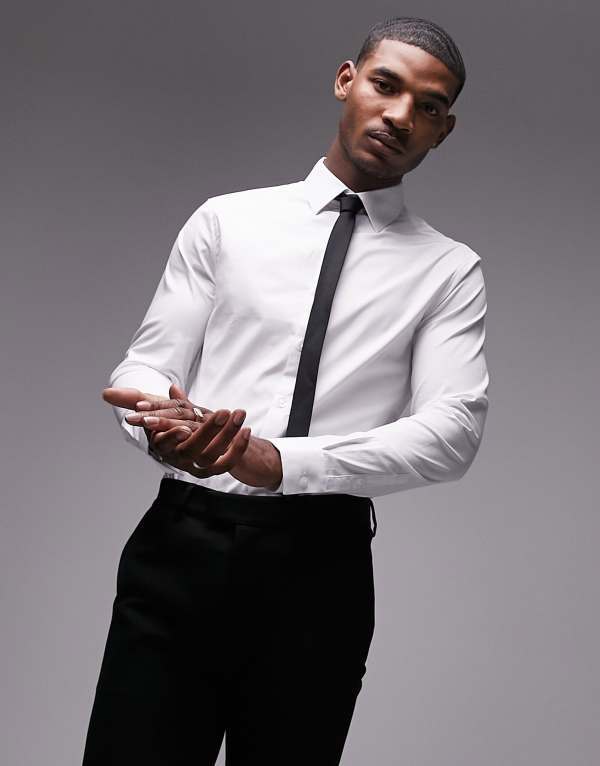トップマン メンズ トップス シャツ Topman long sleeve stretch formal shirt WHITE ホワイト