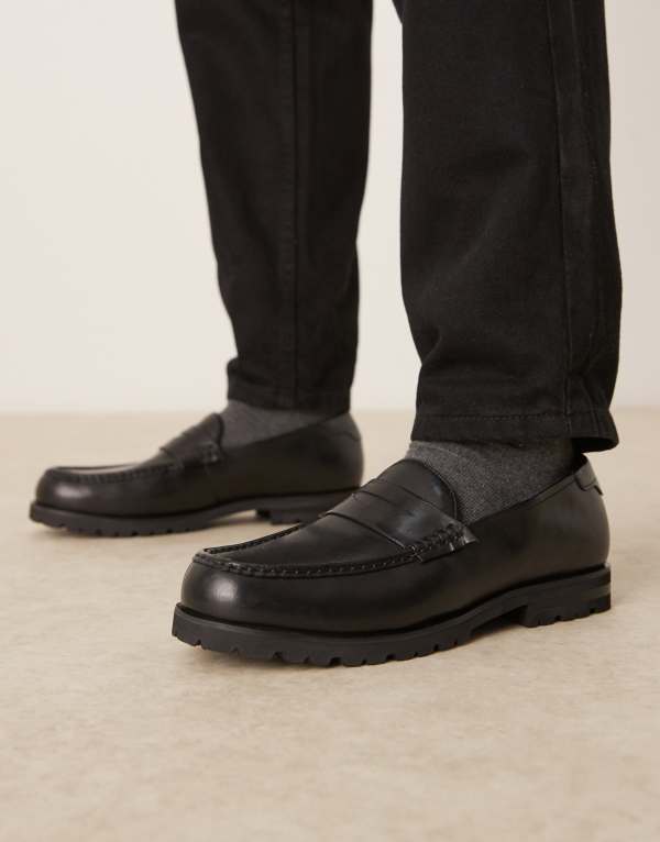 エイソス メンズ シューズ スリッポン・ローファー レザー ローファー ASOS DESIGN loafers leather with cleated sole Black ブラック｜ReVida 店 15,961円