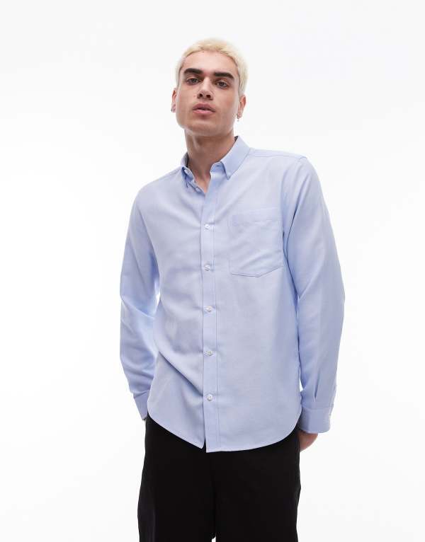 トップマン メンズ トップス シャツ Topman long sleeve textured formal shirt in light Blue ブルー