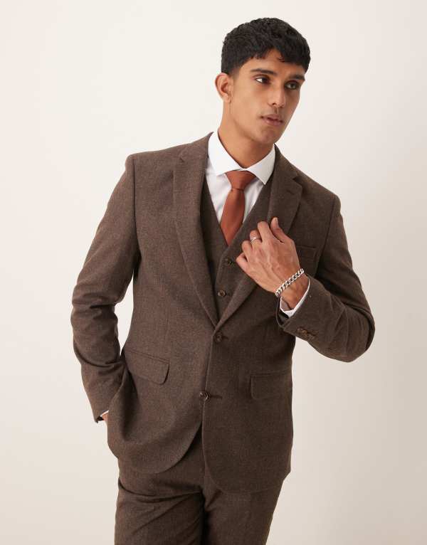 エイソス メンズ アウター ジャケット・ブルゾン ウール ジャケット ASOS DESIGN slim suit jacket wool mix flannel BROWN ブラウン