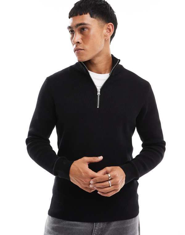 オンリーアンドサンズ メンズ アウター ニット・セーター ハーフジップ リブ セーター ONLY & SONS ribbed half zip sweater Black ブラック