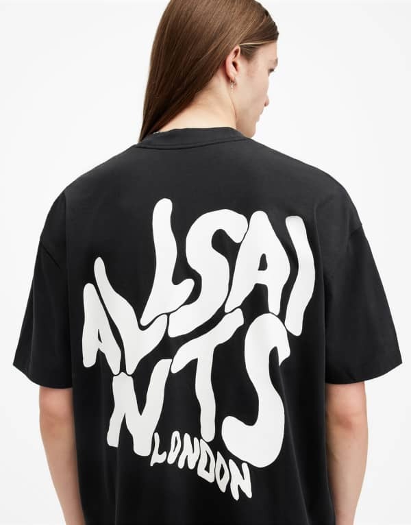 オールセインツ メンズ トップス Tシャツ プリント シャツ AllSaints Orlando back print t-shirt washed black ブラック