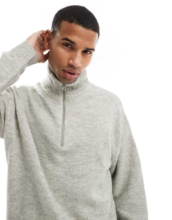 ジャック アンド ジョーンズ メンズ アウター ニット・セーター ハーフジップ セーター Jack & Jones oversized fluffy half zip sweater Light Gray Melange グレー