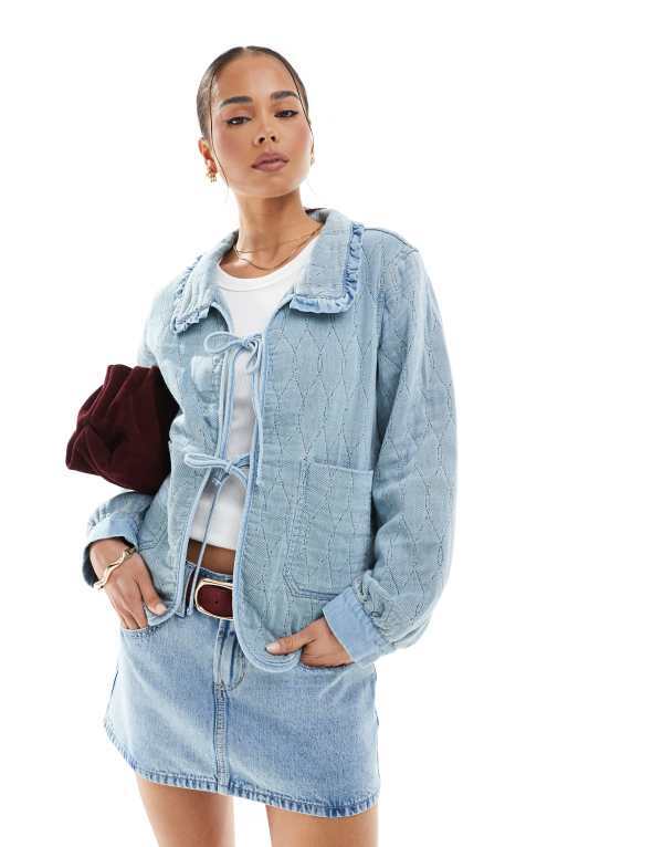 オンリー レディース アウター 上衣・上衣 ジーンズ ONLY tie front denim shacket インチ light Light blue denim ジーンズ