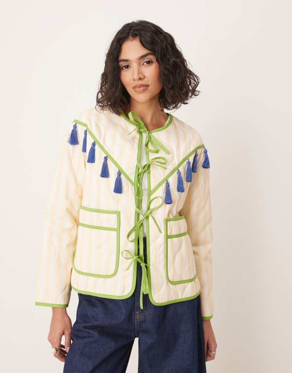 ネバーフリードレスド レディース アウター 上衣・上衣 上衣 Never Fully Dressed tassel trim striped jacket インチ cream Cream/Green 皮膚軟化剤