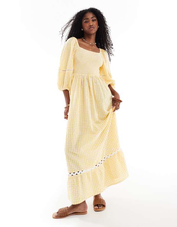 アクセサライズ レディース トップス ワンピース ギンガムチェック マキシ ギンガム Accessorize puff sleeve gingham maxi beach dress in orangeオレンジ