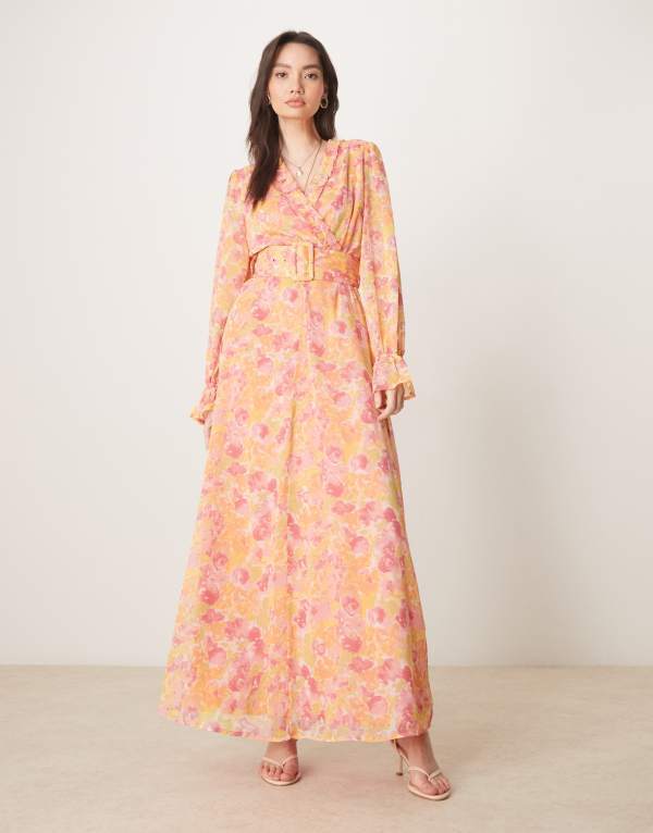 ヴィラ レディース トップス ワンピース シフォン マキシワンピース フラワー柄 プリント マキシ フラワー VILA chiffon wrap maxi dress in orange floral print PINK YARROW AOP ピンク