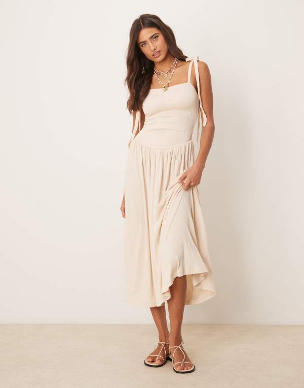 エイソス レディース トップス ワンピース ミディワンピース ミディ ASOS DESIGN crinkle shirred bodice tie cami strap midi dress in stone STONE ストーン
