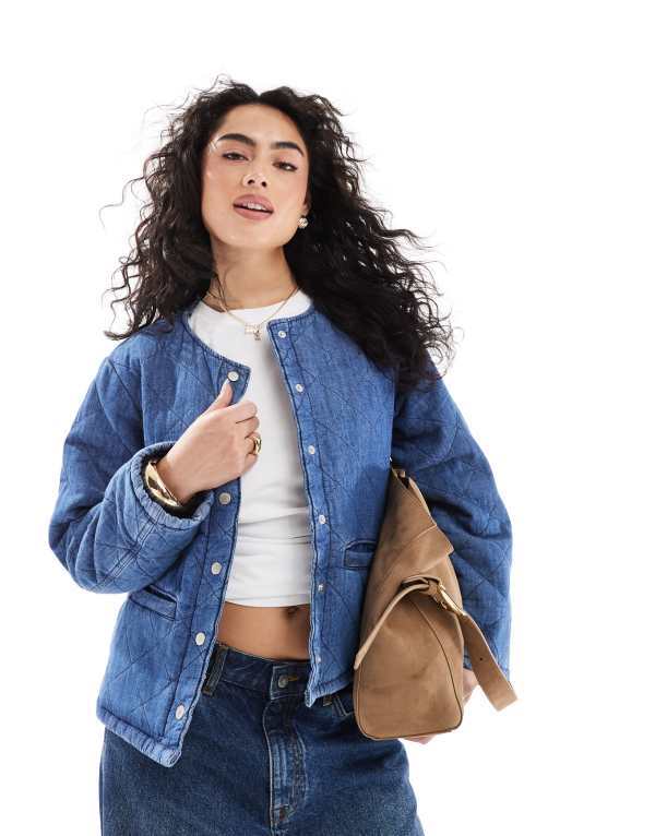 オンリー レディース アウター 上衣・上衣 キルティング ジーンズ 上衣 ONLY quilted denim jacket インチ mid Dark Blue Denim ジーンズ