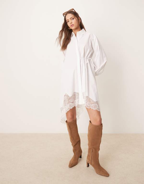 エイソス レディース トップス ワンピース シャツワンピース アシンメトリー シャツ レース ASOS DESIGN shirt dress with side tie and lace asymmetric hem White ホワイト