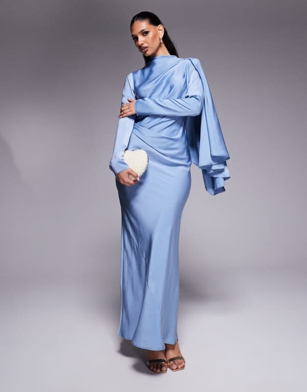エイソス レディース トップス ワンピース マキシワンピース ドレープ オーバーレイ サテン マキシ ASOS DESIGN draped satin bias cut maxi dress with scarf overlay detail in dusky Dusky Blue ブルー