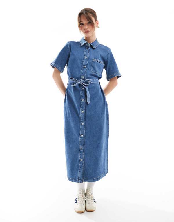 オンリー レディース トップス ワンピース ミディワンピース ミディ デニム ONLY tie waist denim midi dress in mid wash MID BLUE ブルー