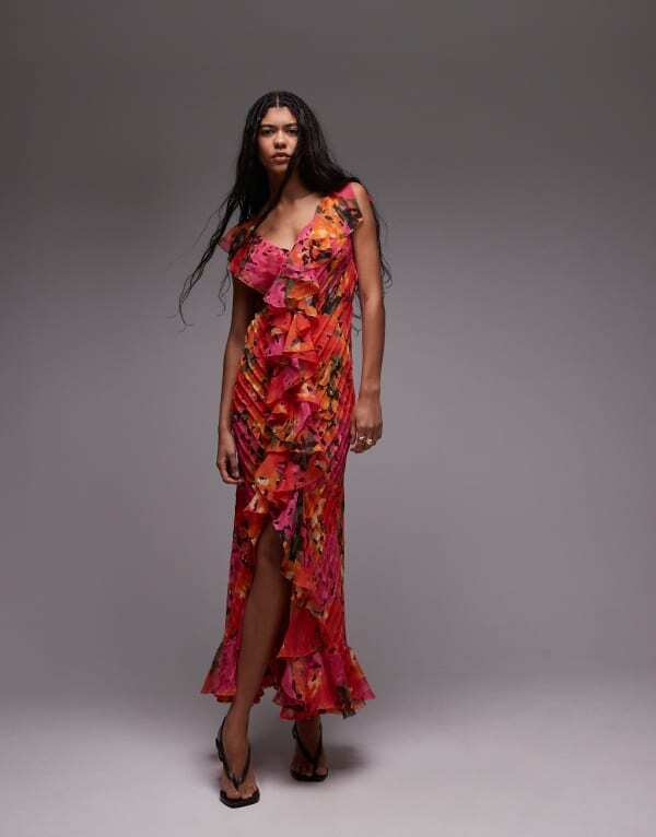 とっ始め販売店 レディース トップス 衣装 御花柄 フラウンス 御花 Topshop premium ruffle pintuck gown and orange floral Multi マルチ色つや