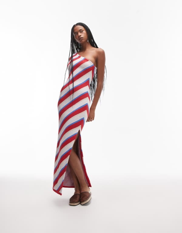 トップショップ レディース トップス ワンピース マキシワンピース ニット マキシ Topshop knitted stripe one shoulder maxi dress in multi Multi マルチカラー|ReVida 店