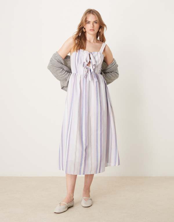 グラマラス レディース トップス ワンピース ミディワンピース ミディ Glamorous bow front midi dress in pastel ric rac stripe Multi stripe マルチカラー