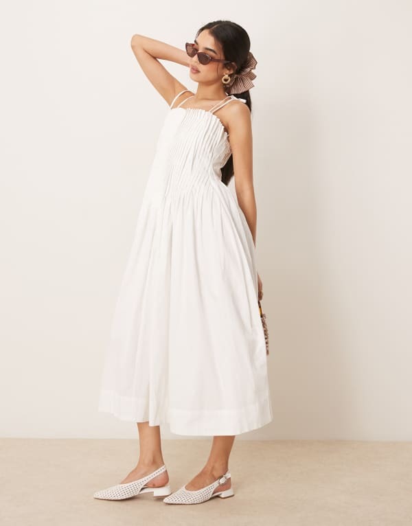 エイソス レディース トップス ワンピース ASOS DESIGN narrow pintuck bodice dress with tie straps White ホワイト