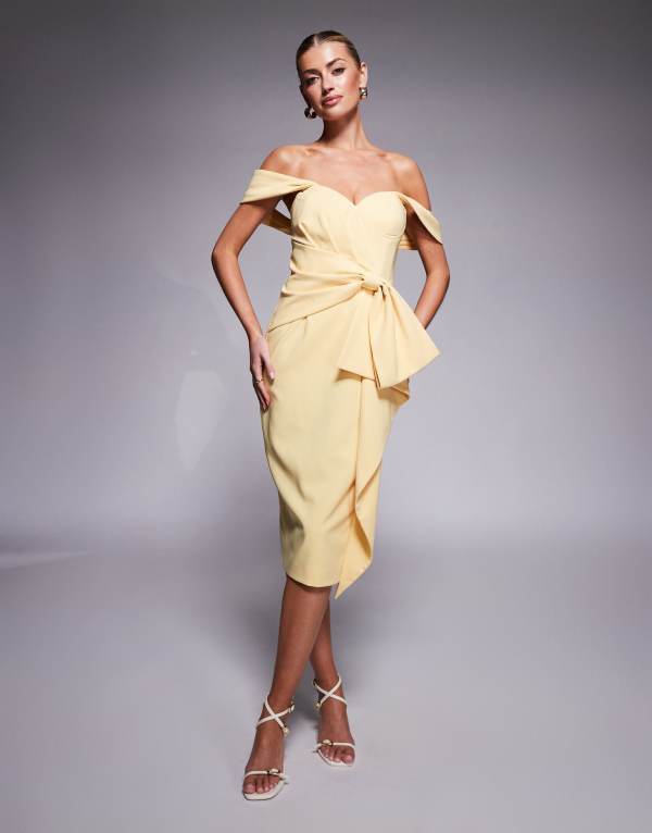 ラビッシュアリス レディース トップス ワンピース ミディワンピース ミディ Lavish Alice off shoulder bow detail midi dress in yellowイエロー