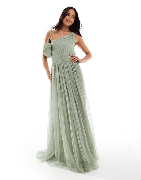 レース アンド ビーズ レディース トップス ワンピース マキシワンピース マキシ Lace & Beads Bridesmaid one shoulder maxi dress in dusty sage Dusty sage セージ｜ReVida 店