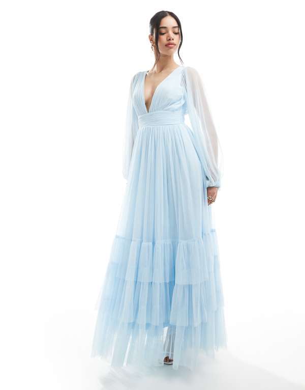レース アンド ビーズ レディース トップス ワンピース マキシワンピース マキシ Lace & Beads Bridesmaid Madison long sleeve maxi dress in powder Powder Blue ブルー